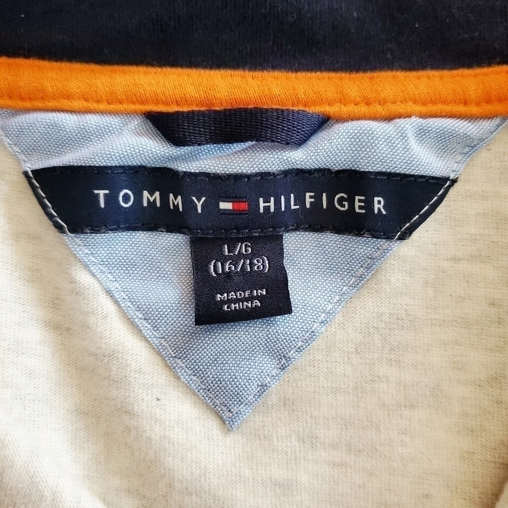 Tommy Hilfiger Boys 1/4 Zip Pullover Off White Blue Size L (16/18)